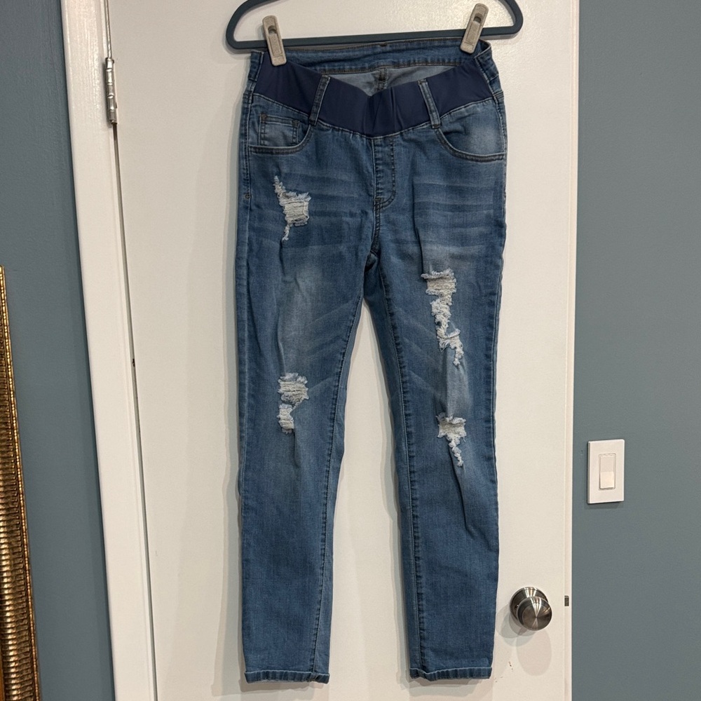 Trendy Blue Distressed Skinny Jeans for Women- Maternity